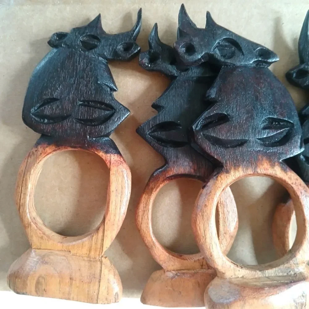Vintage 80's Hand Carved Napkin Rings Wood Polished Artisan Ethnic Rhino Animals
